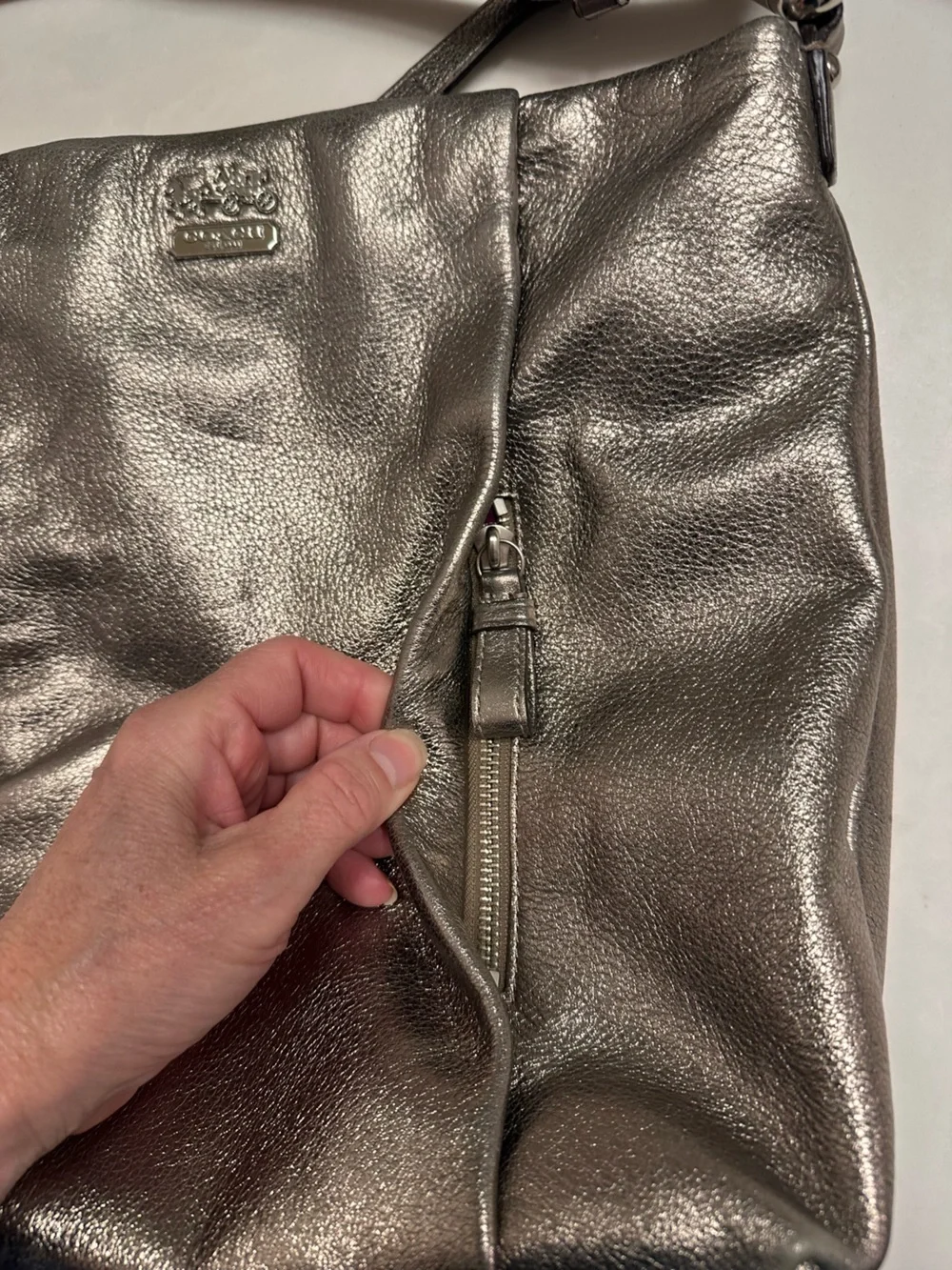Coach Madison Metallic Pewter Pebbled Leather Crossbody - Picture 3 of 16